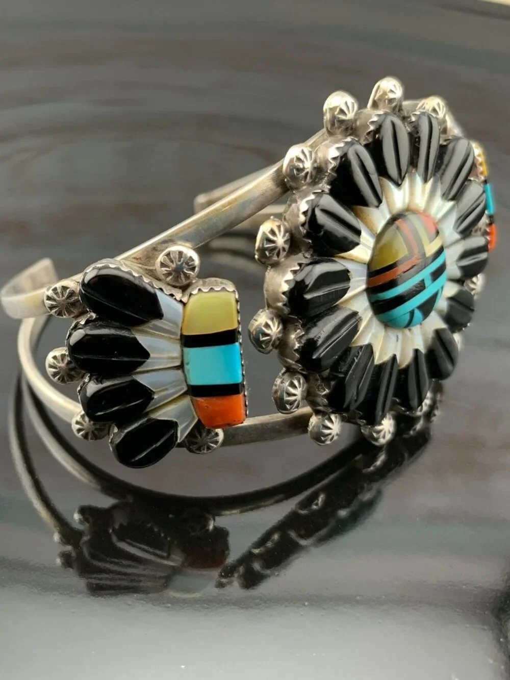 Zuni Sunface Sun Face Gemstone Inlay Cuff Bracelet Southwest Native American